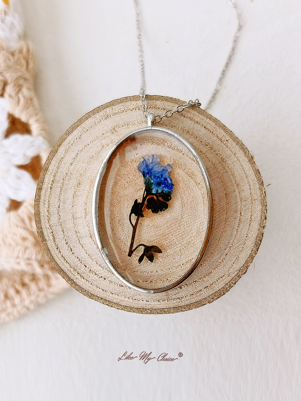Pressed Flower Necklace -  Forget Me Not Flower Oval