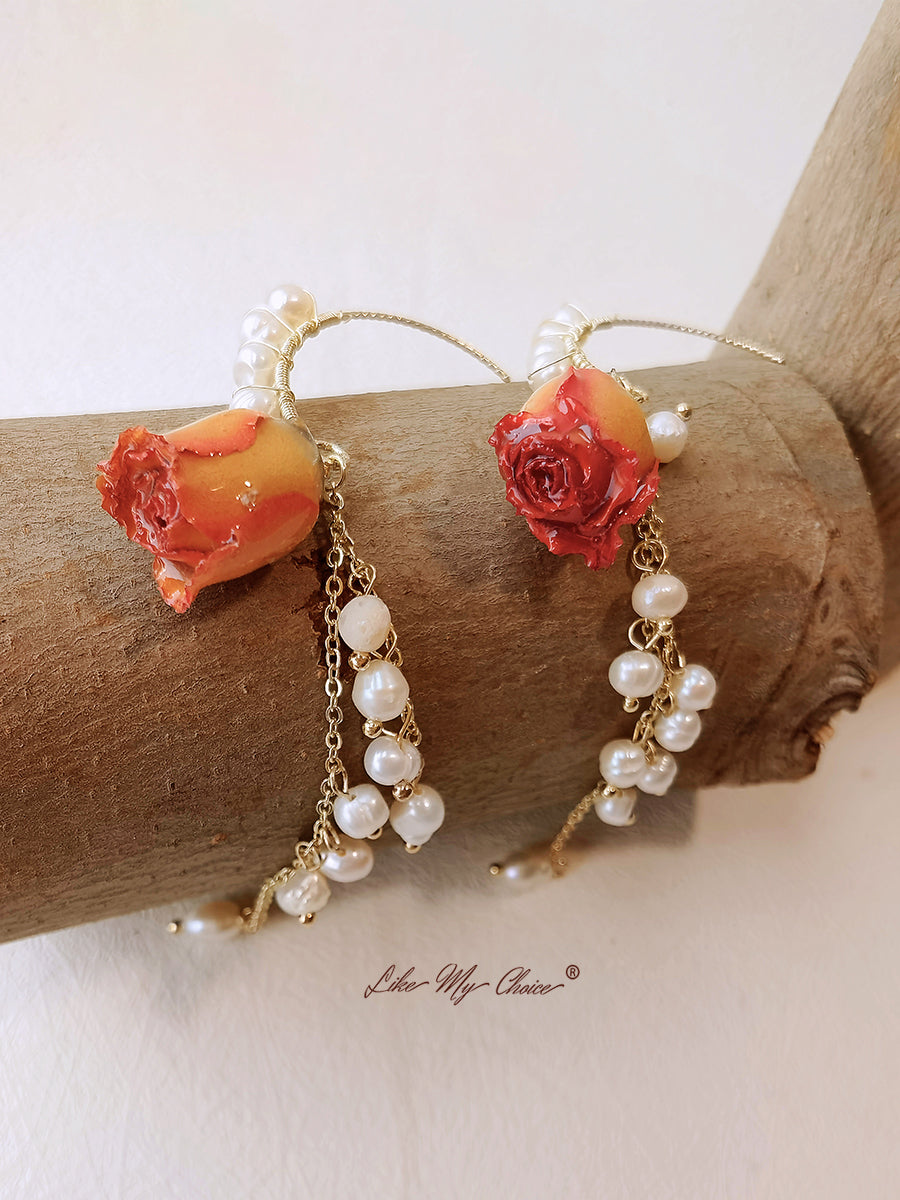 Orecchini di fiori pressati - Fiore di rosa essiccato perlato