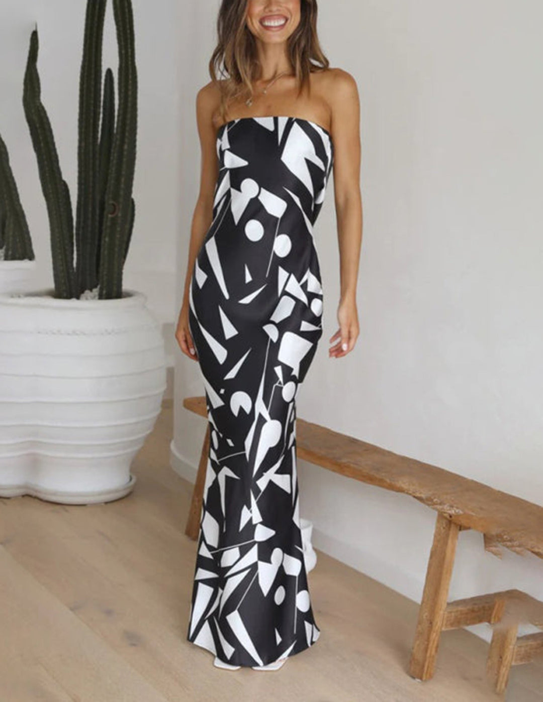Satin Geometric Print Off Shoulder Maxi Dress