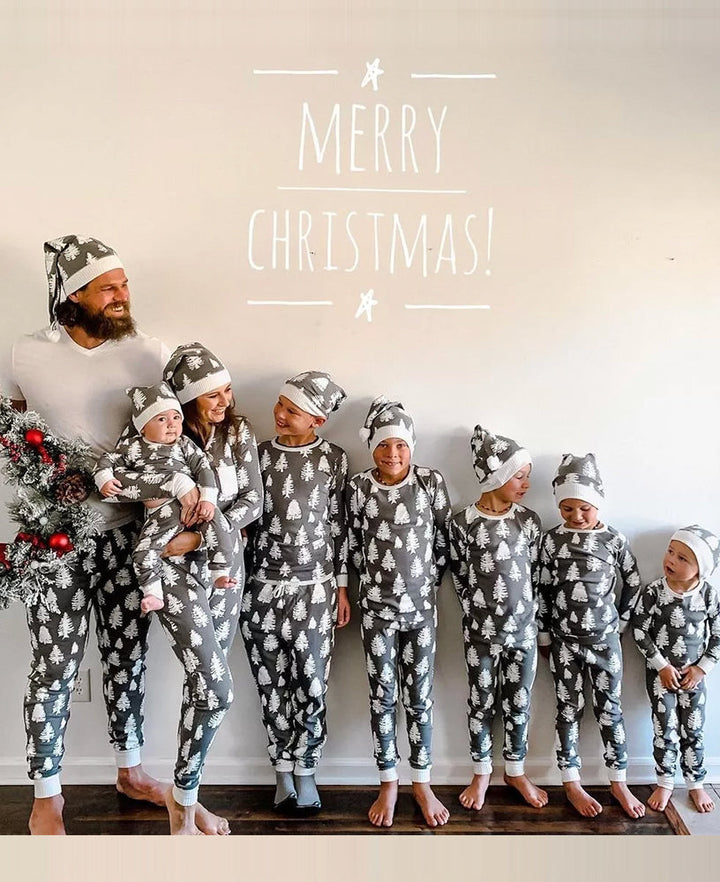 Pijamale de familie cu imprimeu cu brad de Crăciun gri și alb