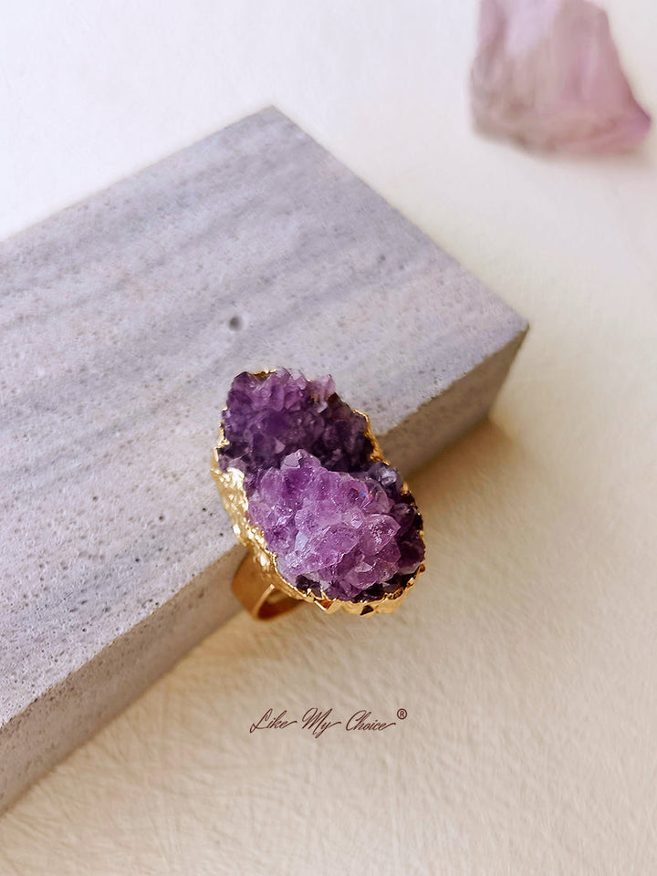 天然紫水晶镀金戒指