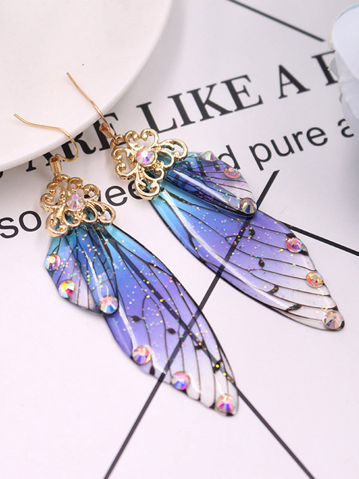 나비 날개 블루 라인스톤 매미 날개 크리스탈 귀걸이