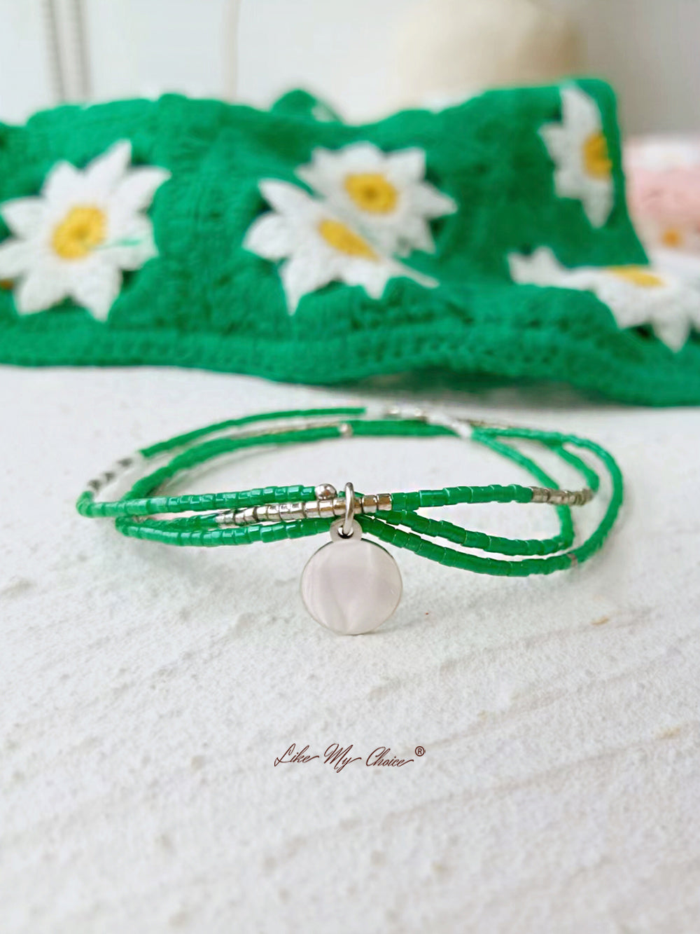 Adjustable Drawstring Beaded Bracelet Emerald Silver Pearl