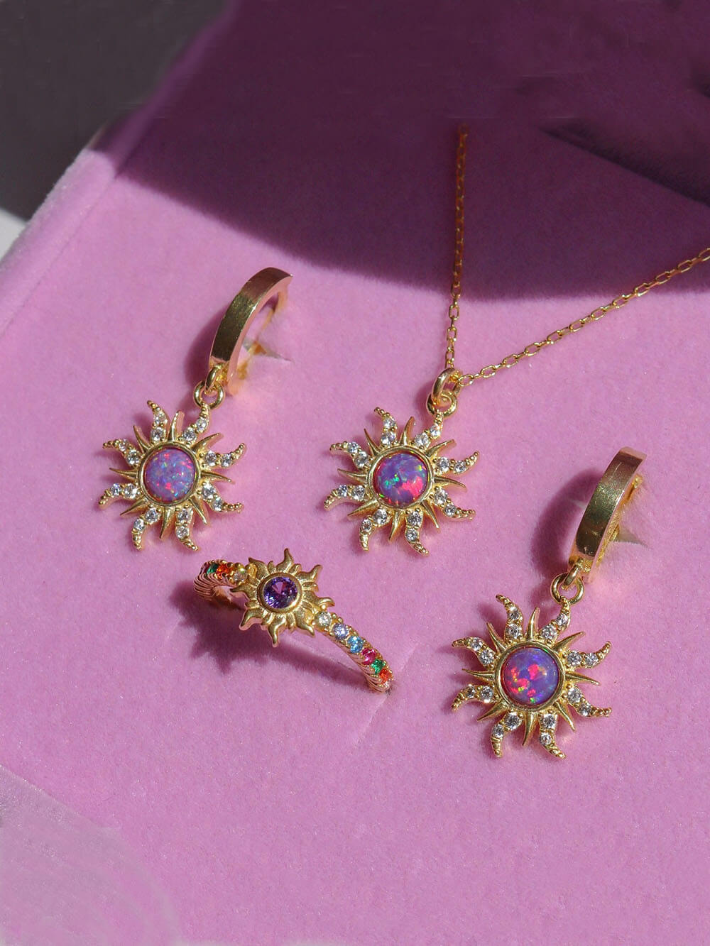 Collier rétro soleil Dopamine, pendentif opale, boucles d'oreilles