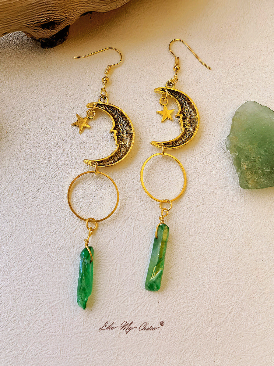 Boho Crescent Green Crystal Earrings