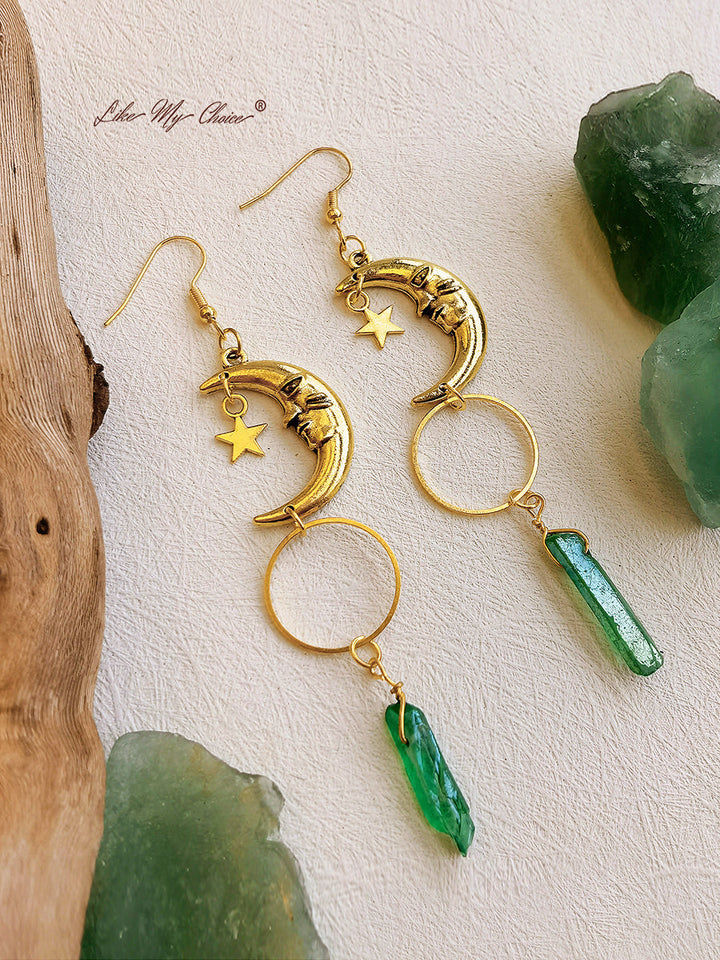 Boho Crescent Green Crystal Earrings