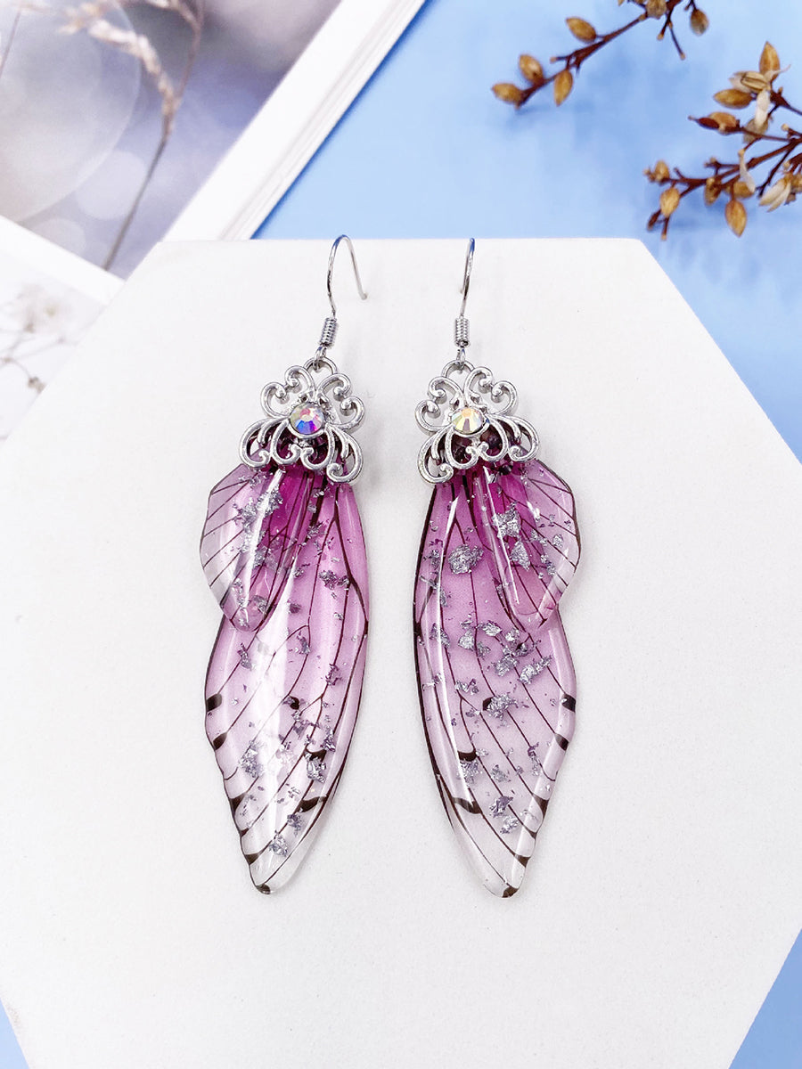 Pendientes de cristal de ala de cigarra con diamantes de imitación rosa y ala de mariposa
