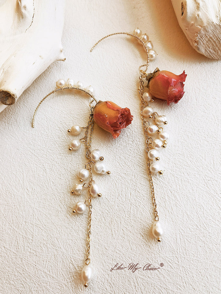 Πρεσαριστά Σκουλαρίκια Λουλούδι - Pearl Dried Rose Flower