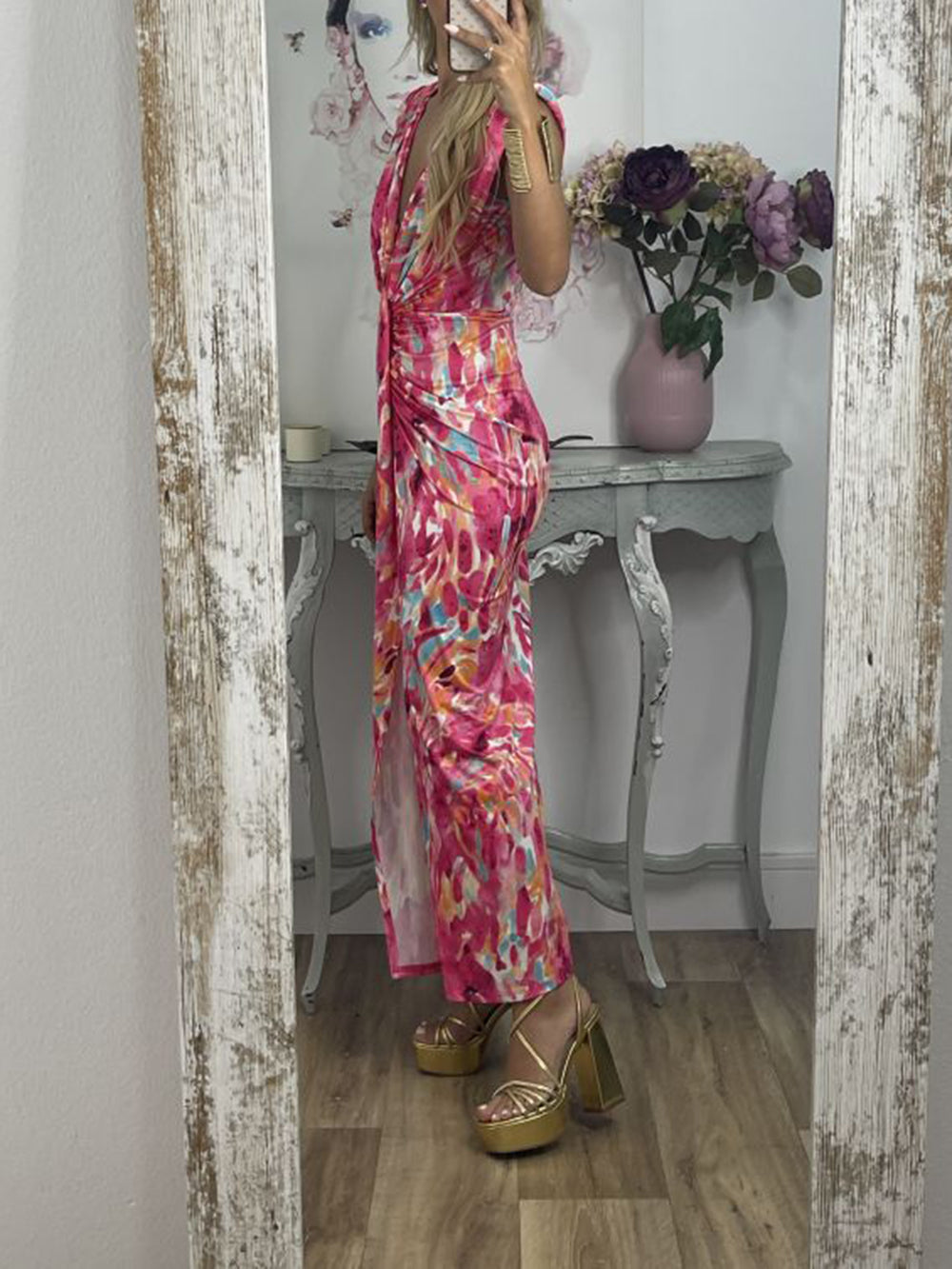 Tie-Dye Deep V Ruched Knotted Maxi Dress