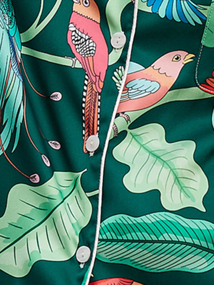 Green Parrot Print Silk Pajama Set