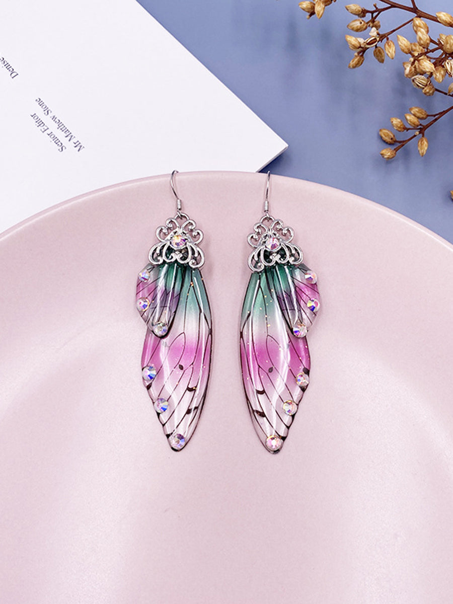 Boucles d'oreilles en cristal d'aile de cigale en strass irisé avec aile de papillon
