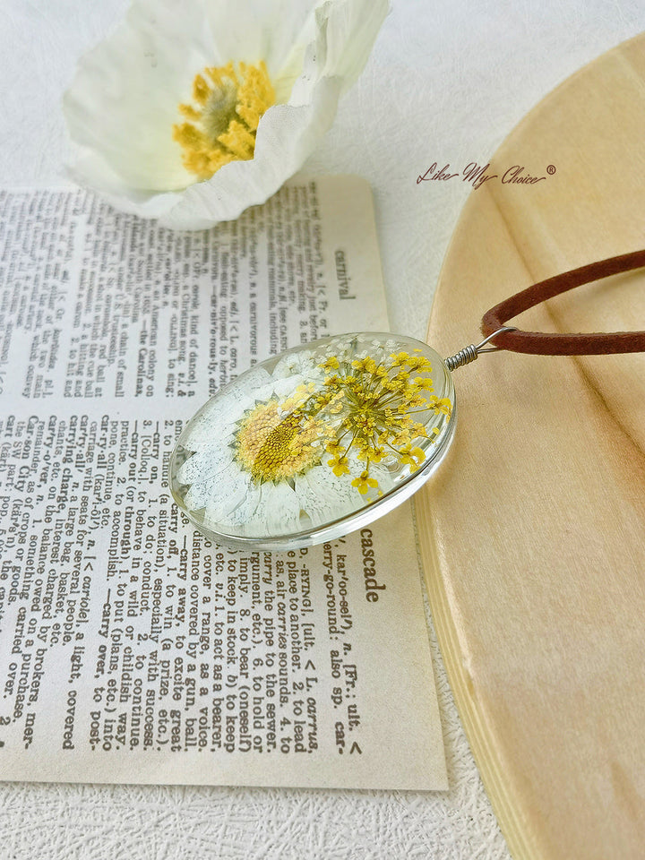 Collier de fleurs séchées Pendentif marguerite fleur préservée double face