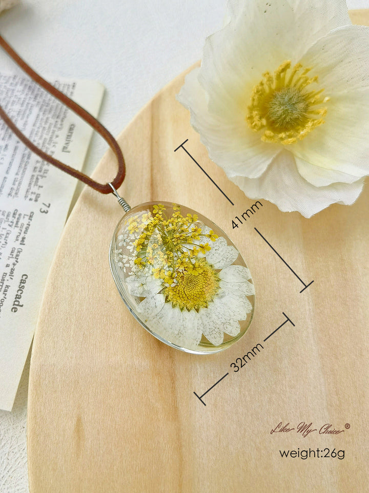 Getrocknete Blumen-Halskette, doppelseitiger, konservierter Blumen-Gänseblümchen-Anhänger