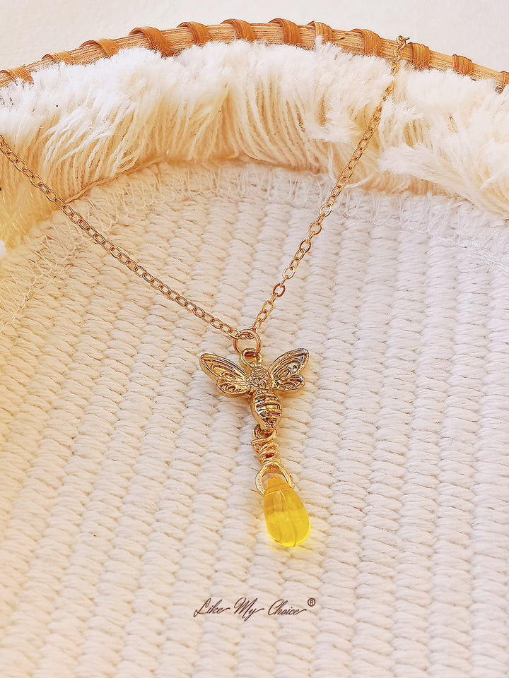 Retro Bee Amber Drop Necklace