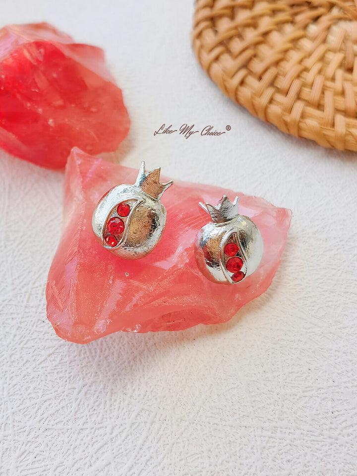 Crown Pomegranate Design Ruby Silver Earring