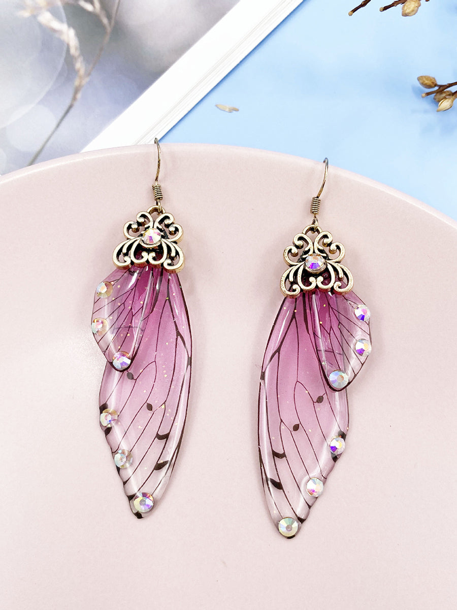 Boucles d'oreilles en cristal d'aile de cigale en strass rose avec aile de papillon