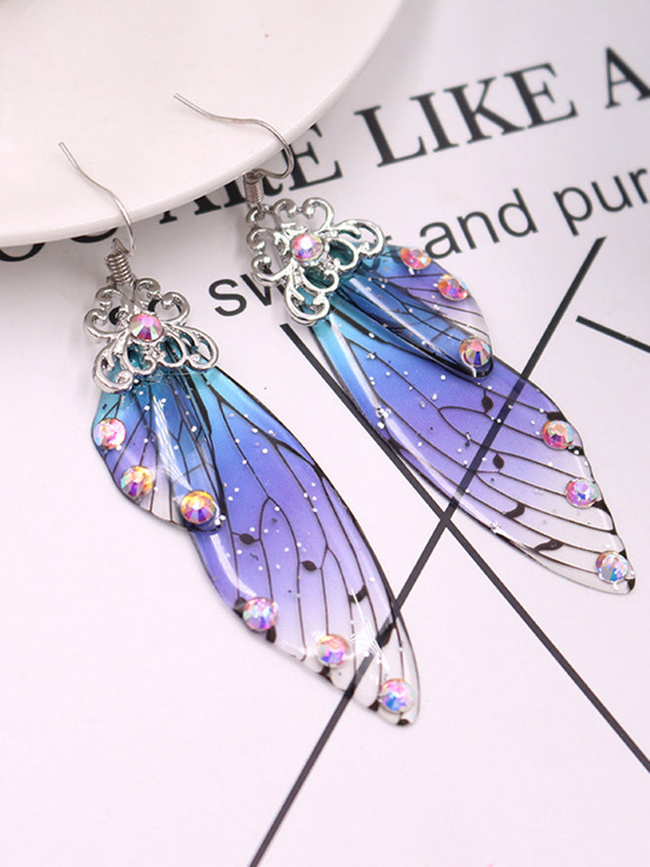 Boucles d'oreilles en cristal d'aile de cigale en strass bleu avec aile de papillon