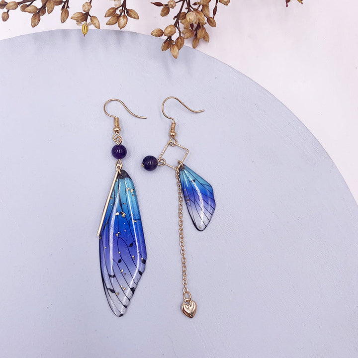Butterfly Wing Blue Gold Foil Cicada Wing Tassel Earrings