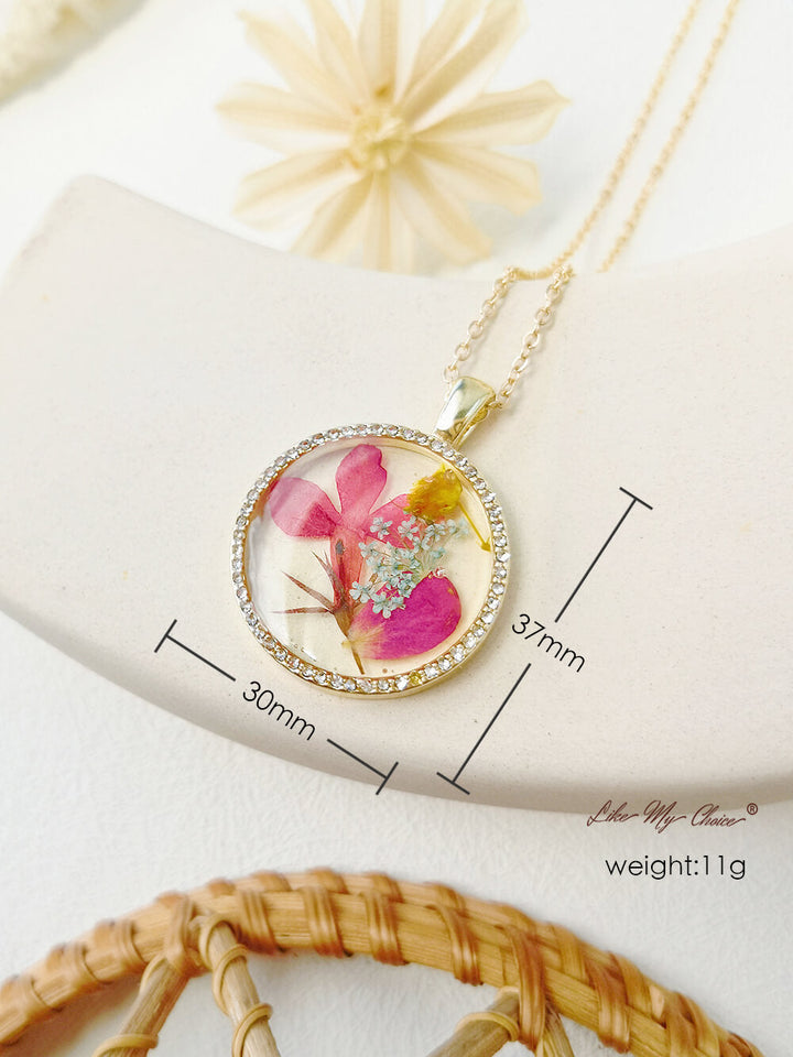 Birth Month Flower Resin Round Crystal Pendant Necklace