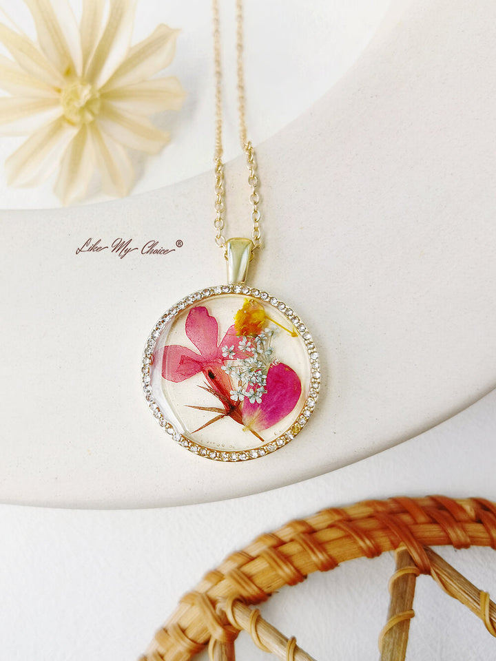 Dancing Orchid Flower Resin Round Crystal Pendant Necklace