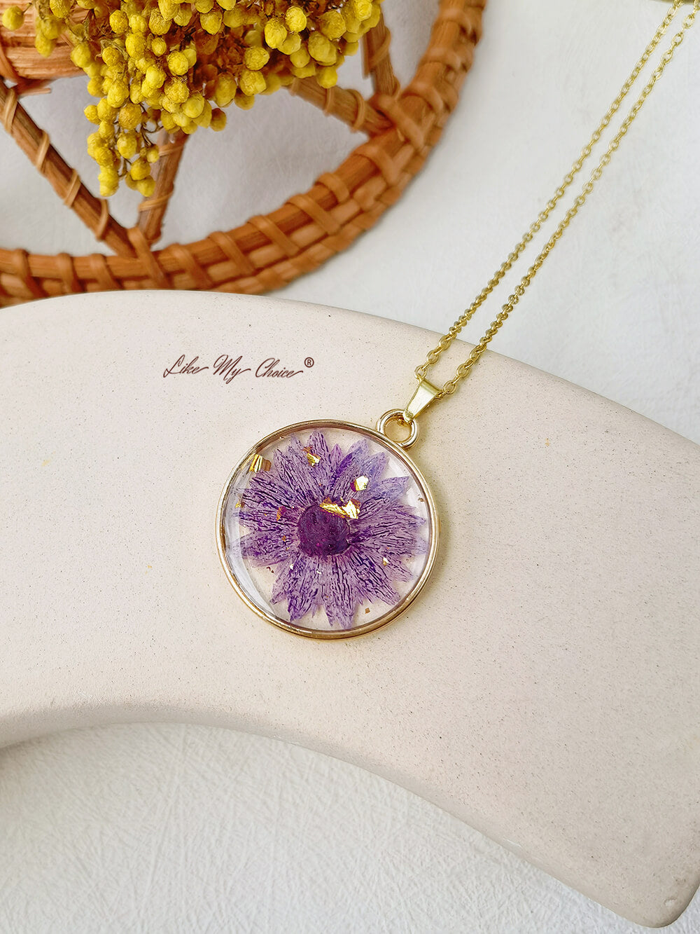 Purple Daisy Resin Round Crystal Pendant Necklace