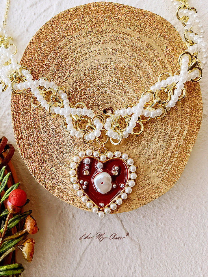 Braided Pearl Enamel Red Heart Necklace
