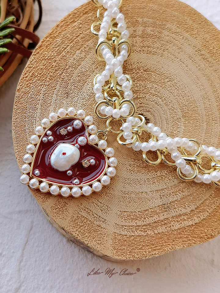编织珍珠珐琅红心项链