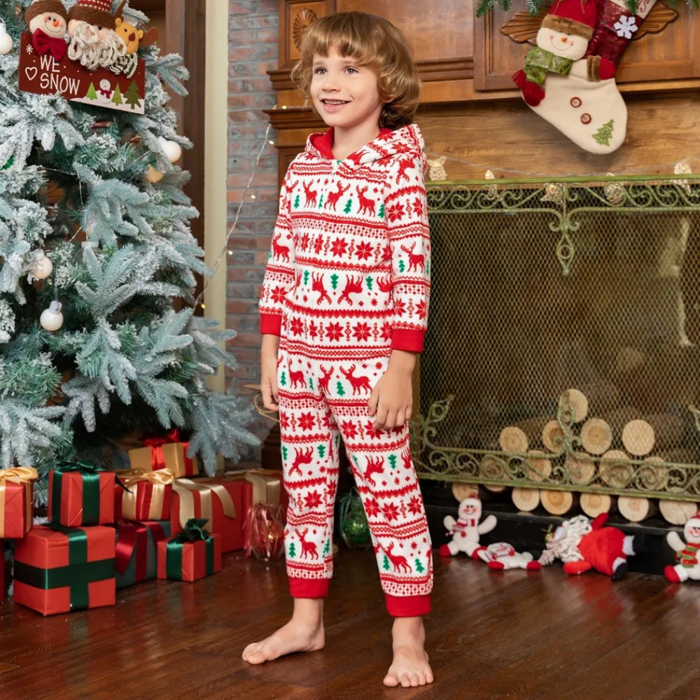 Vánoční losí potisk pro rodiče a dítě Jednodílné rodinné pyžamo s kapucí s kapucí