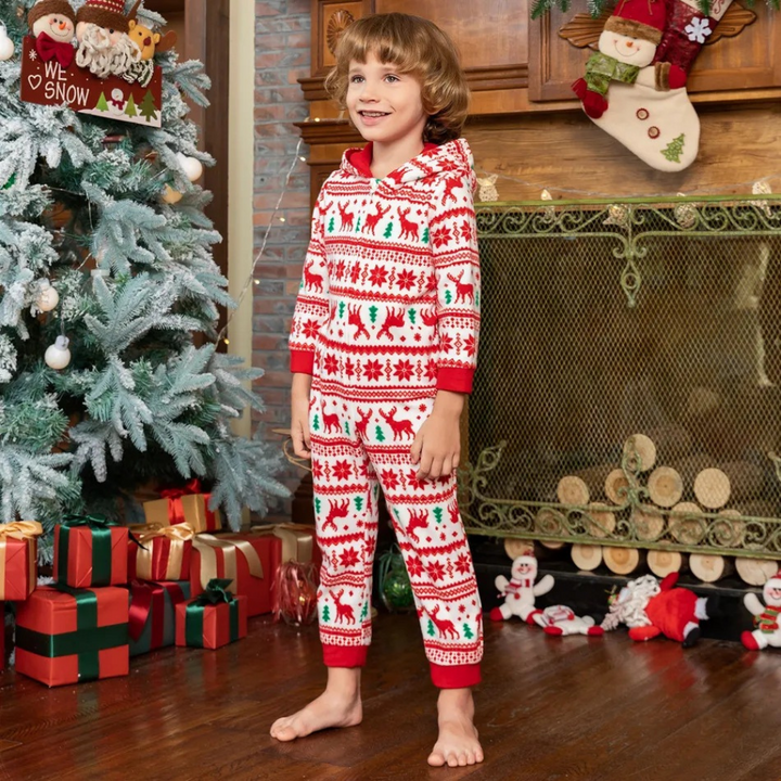 Pijamas a juego familiares con capucha de una pieza para padres e hijos con estampado de alces navideños