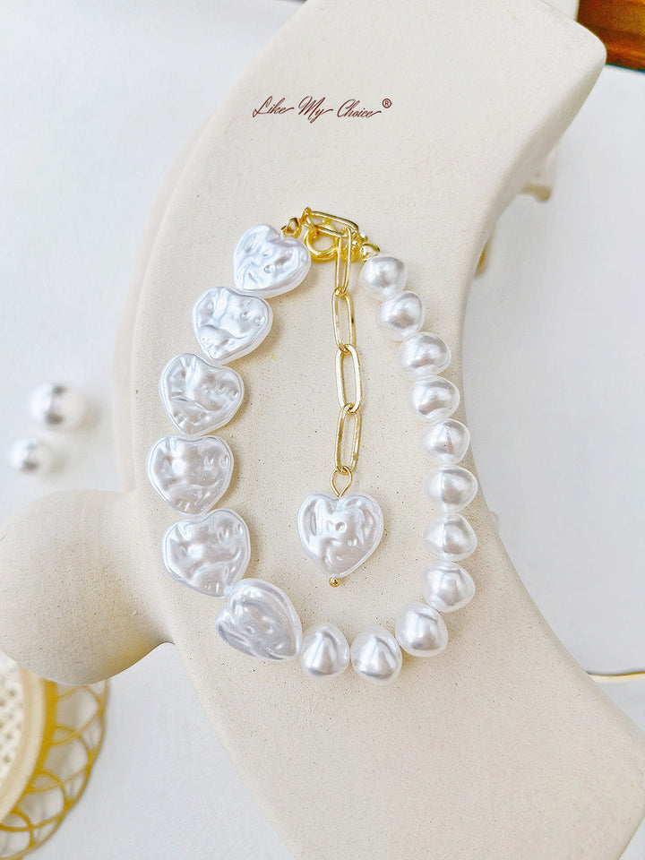 Asymmetrical Heart Pearl T-Bar Bracelet