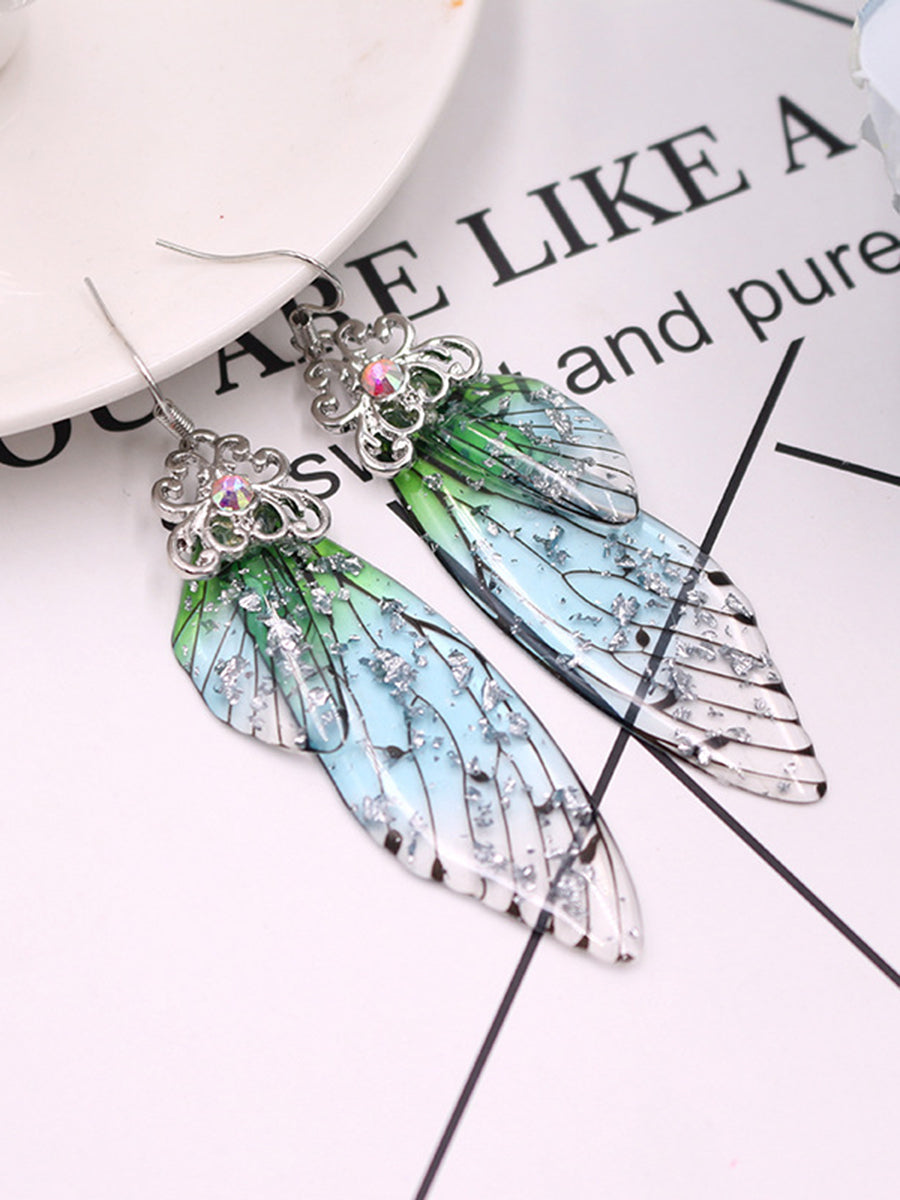 Pendientes de cristal de ala de cigarra con diamantes de imitación verdes y alas de mariposa