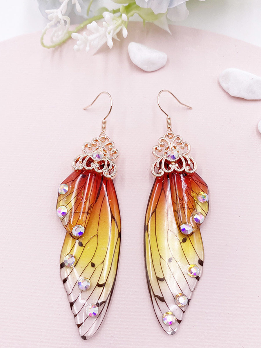Butterfly Wing Yellow Rhinestone Cicada Wing Crystal Earrings