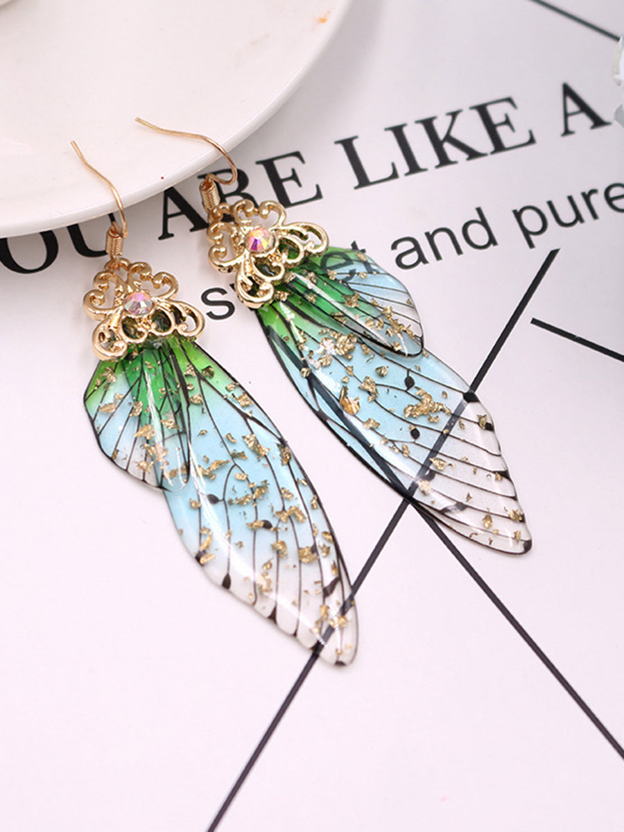 Butterfly Wing Green Rhinestone Cicada Wing Crystal Earrings