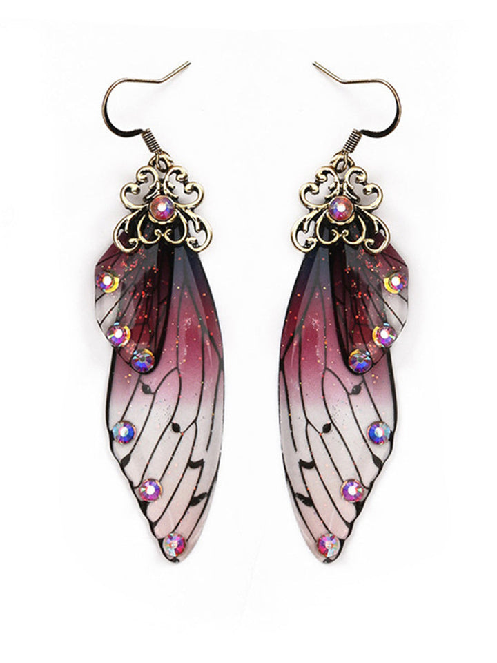 나비 날개 보라색 라인스톤 매미 날개 크리스탈 귀걸이