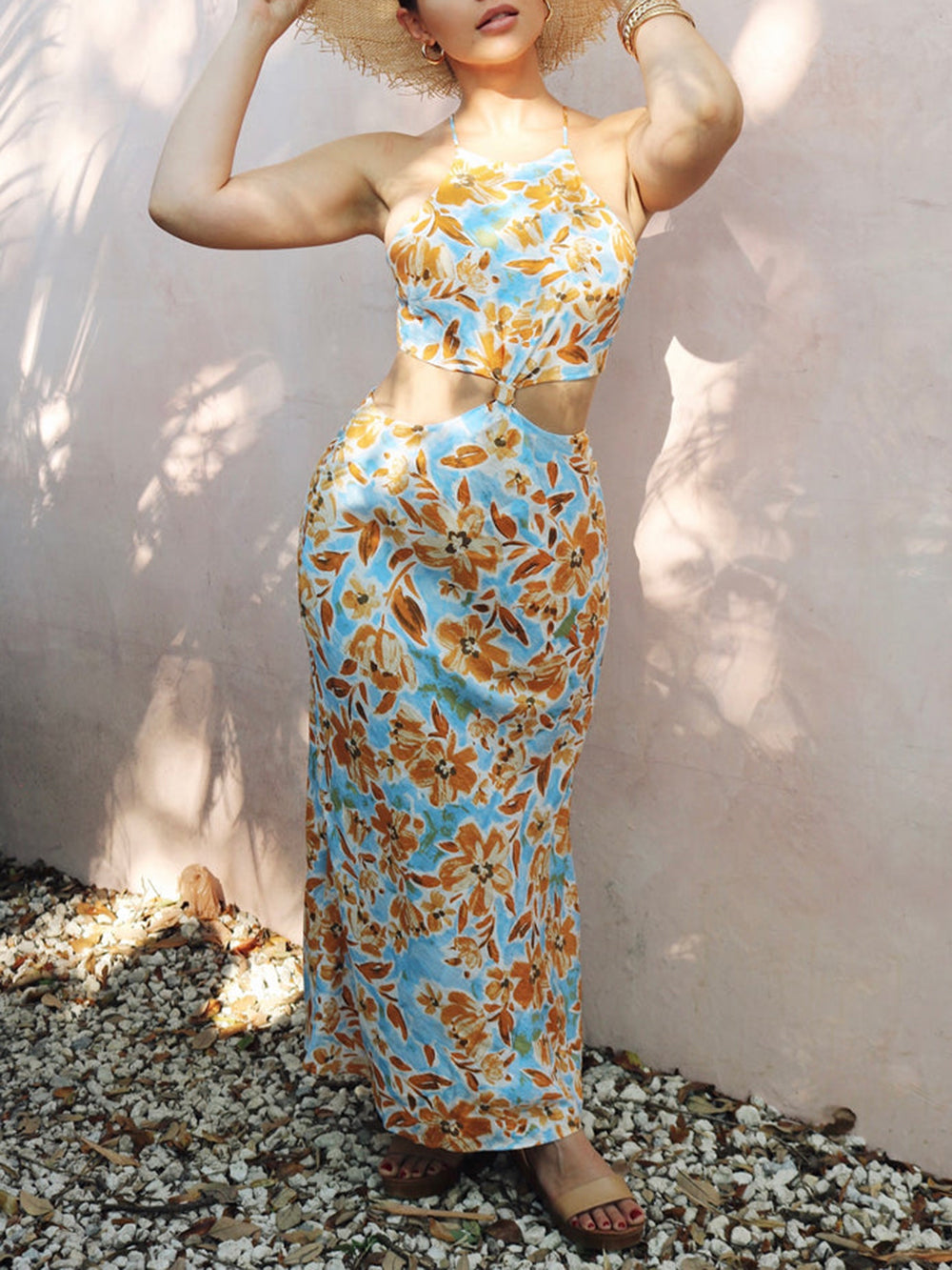 Knotted Cut Out Midi Dress in Baby Blue and Orange Floral
