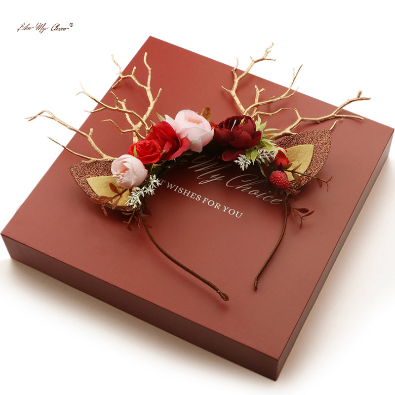Tiara de rena de Natal com flor cor de vinho | LikeMyChoice®