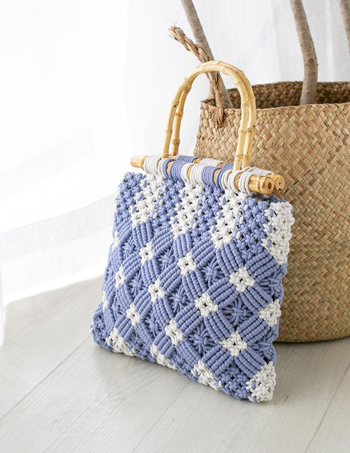 Bamboo Handle Two-Tone Woven Handbag