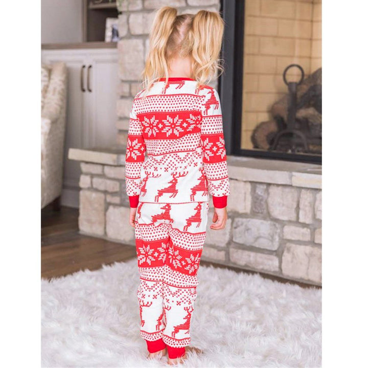 红色驯鹿印花拼接圣诞家庭睡衣套装