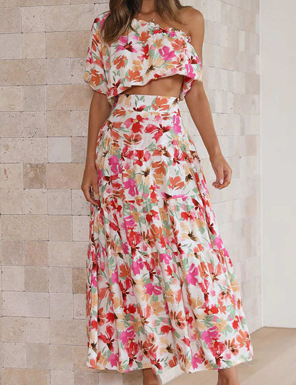 Blumendruck One Shoulder Crop Top Tiered Skirt Suits