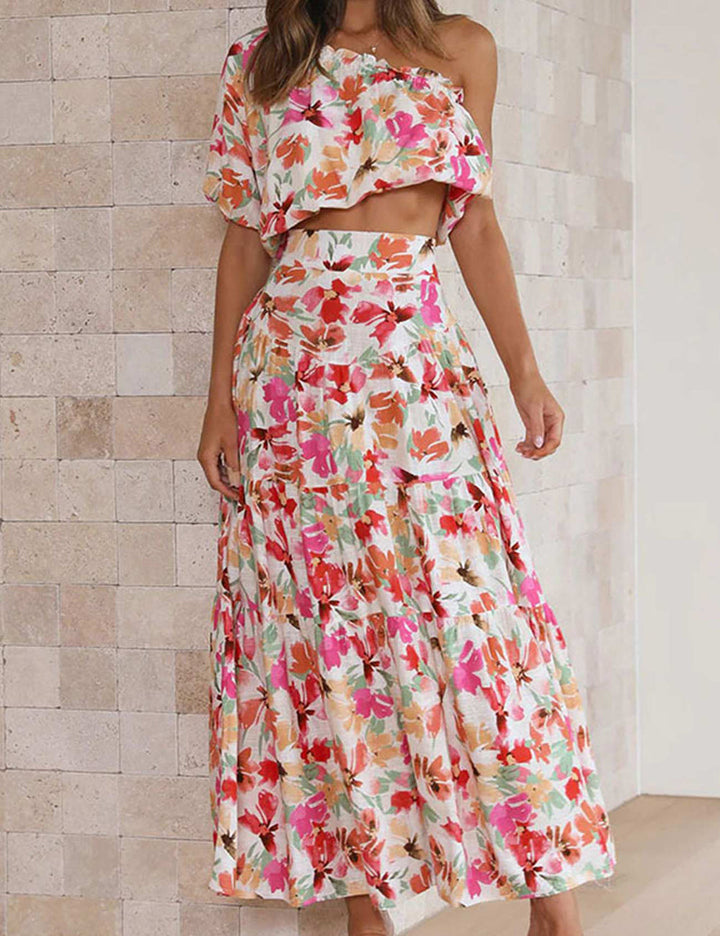 Blumendruck One Shoulder Crop Top Tiered Skirt Suits