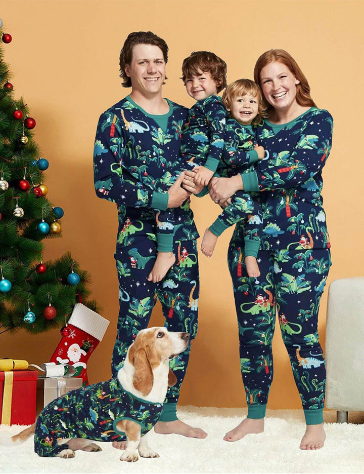 Rodzinne piżamy świąteczne we wzorzyste dinozaury (z ubrankami dla psów)