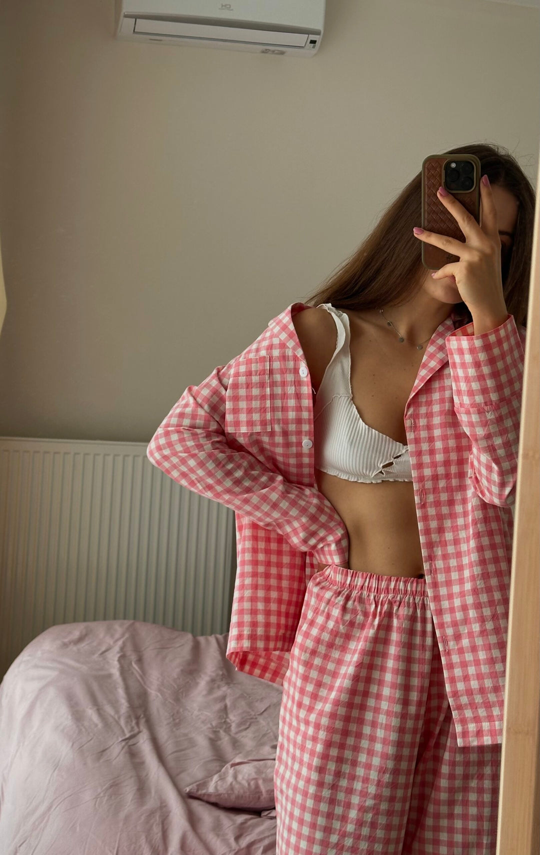 Conjunto de pijama solto xadrez rosa