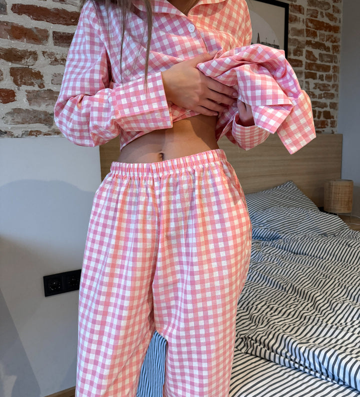 粉色格子宽松睡衣套装