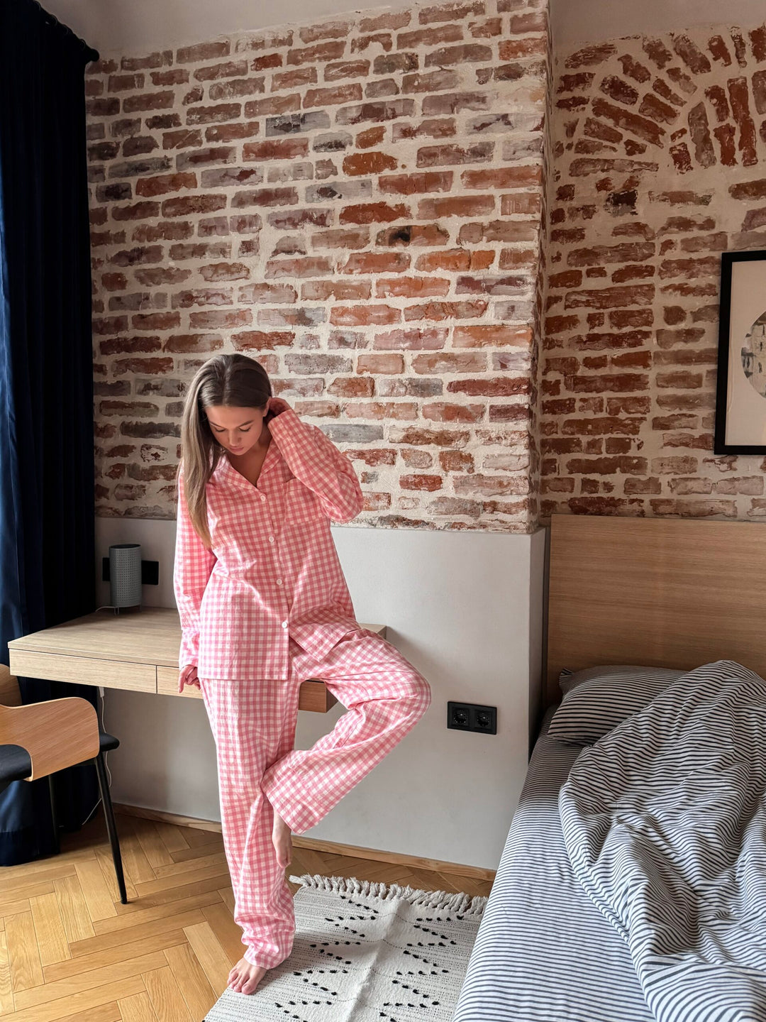 Růžové kostkované volné pyžamo sada