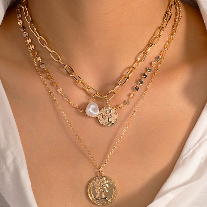 Multilayer Coin Pendant Pearl Necklace