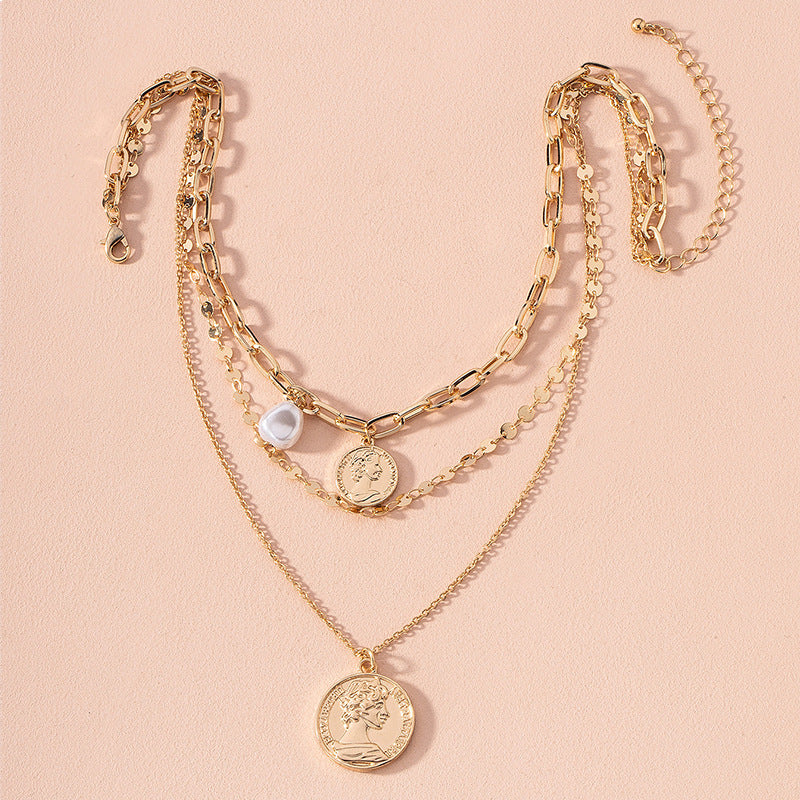 Multilayer Coin Pendant Pearl Necklace