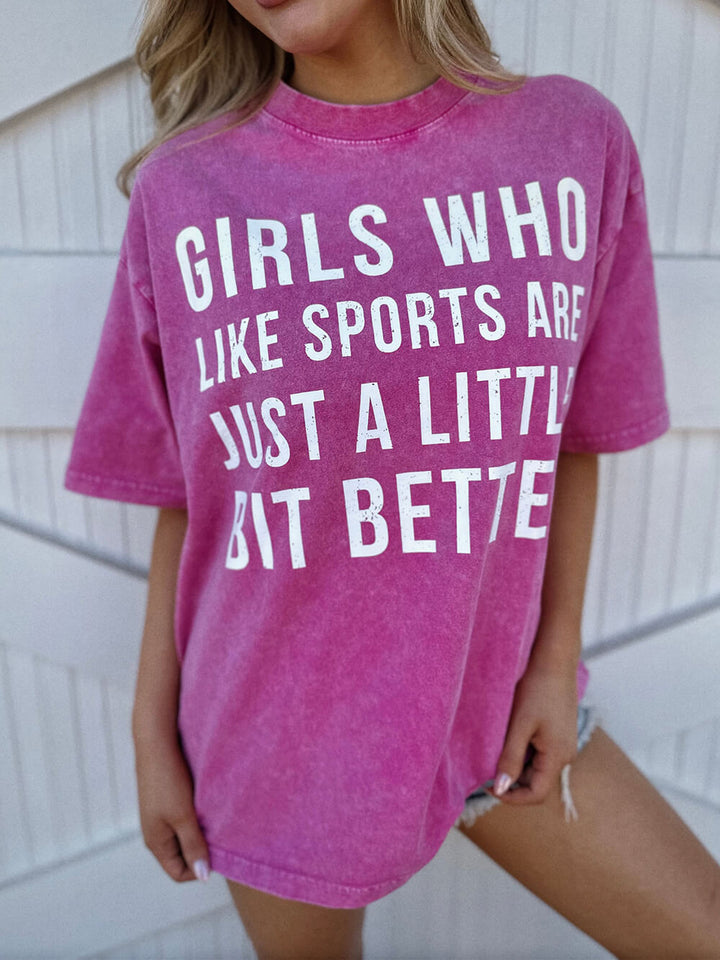 mineral-tvätt ¡° tjejer som gillar sport är bara lite bättre ¡± rosa tee