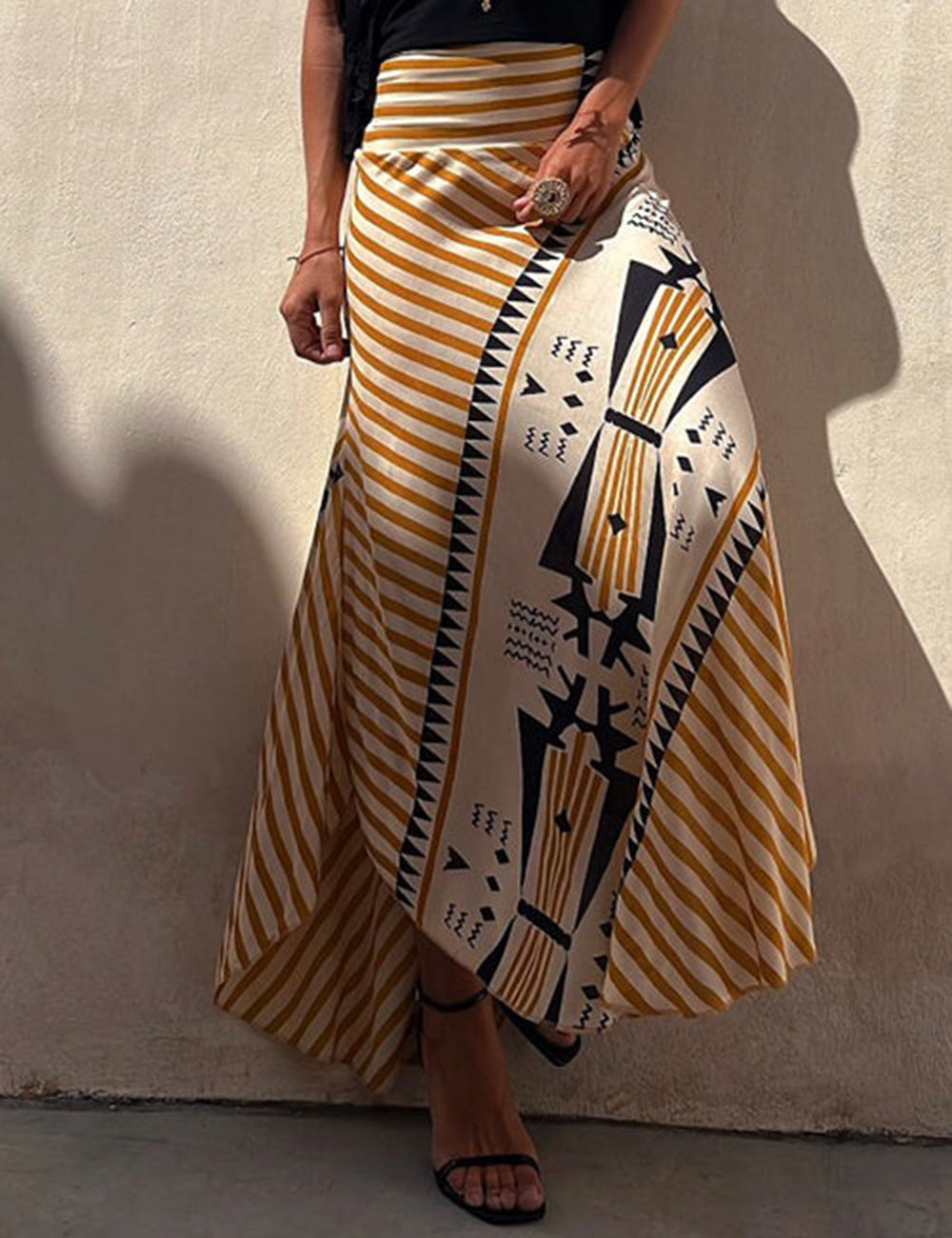 High Waist Stripes Splice Printed Maxi Irregular Skirt