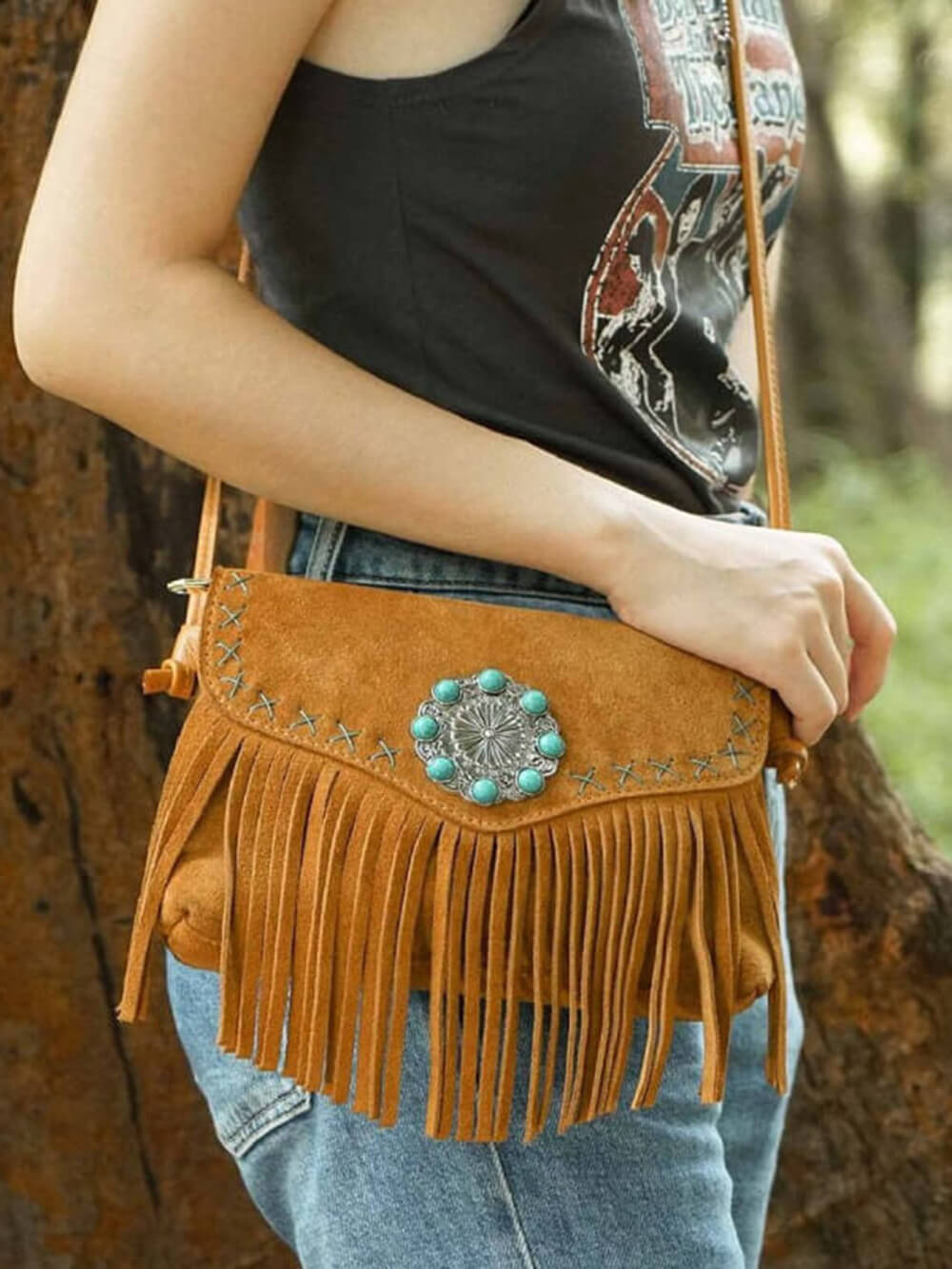 Turquoise Concho Magnetic Closure Flap Leather Bag
