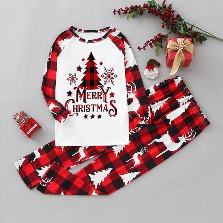 Conjuntos de pijamas combinando para a família com padrão de árvore de Natal xadrez vermelho